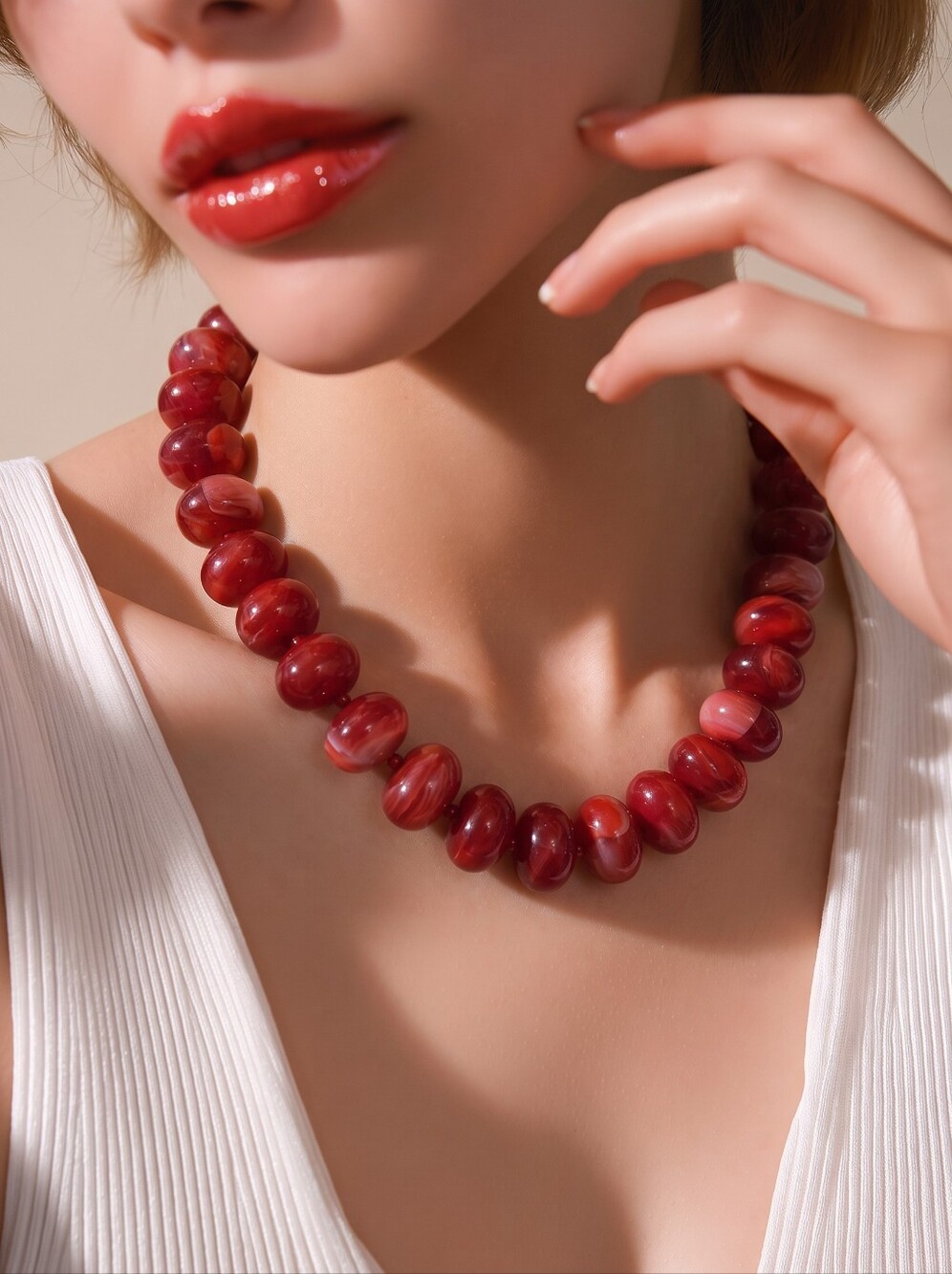 Mayamar Dark Red Agate Bead and Resin Oval Pebble Necklace & Gift Bag